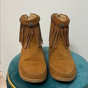 Montana West Moccasin Fringe Suede Ankle Bootie with stud and concho detail